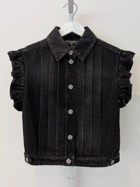 CHANEL 24A BLACK WASH DENIM EMBELLISHED BUTTON COLLARED VEST SIZE FR 36 / US 4